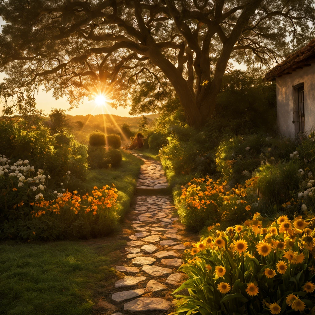 1 girl "Alexandra Daddario", dentro de um jardim de FLORES brancas，e o sol brilhava intensamente，The light from the back window is backlighted, Existe um caminho no meio do mar de flores，there is space between，There is a path in the center of the screen，The path leads to the distance，Quase real e muito virtual，FLORES brancas，There&#39;uma estrada no meio que leva para longe，the setting sun，变得 and the sun shone brightly，rico em detalhes，fotorrealista，Realismo，4K分辨率，textura rica，The painting style is smooth