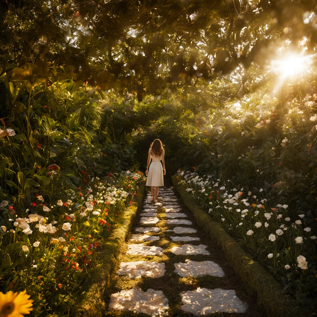 1 girl "Alexandra Daddario", dentro de um jardim de FLORES brancas，e o sol brilhava intensamente，The light from the back window is backlighted, Existe um caminho no meio do mar de flores，there is space between，There is a path in the center of the screen，The path leads to the distance，Quase real e muito virtual，FLORES brancas，There&#39;uma estrada no meio que leva para longe，the setting sun，变得 and the sun shone brightly，rico em detalhes，fotorrealista，Realismo，4K分辨率，textura rica，The painting style is smooth