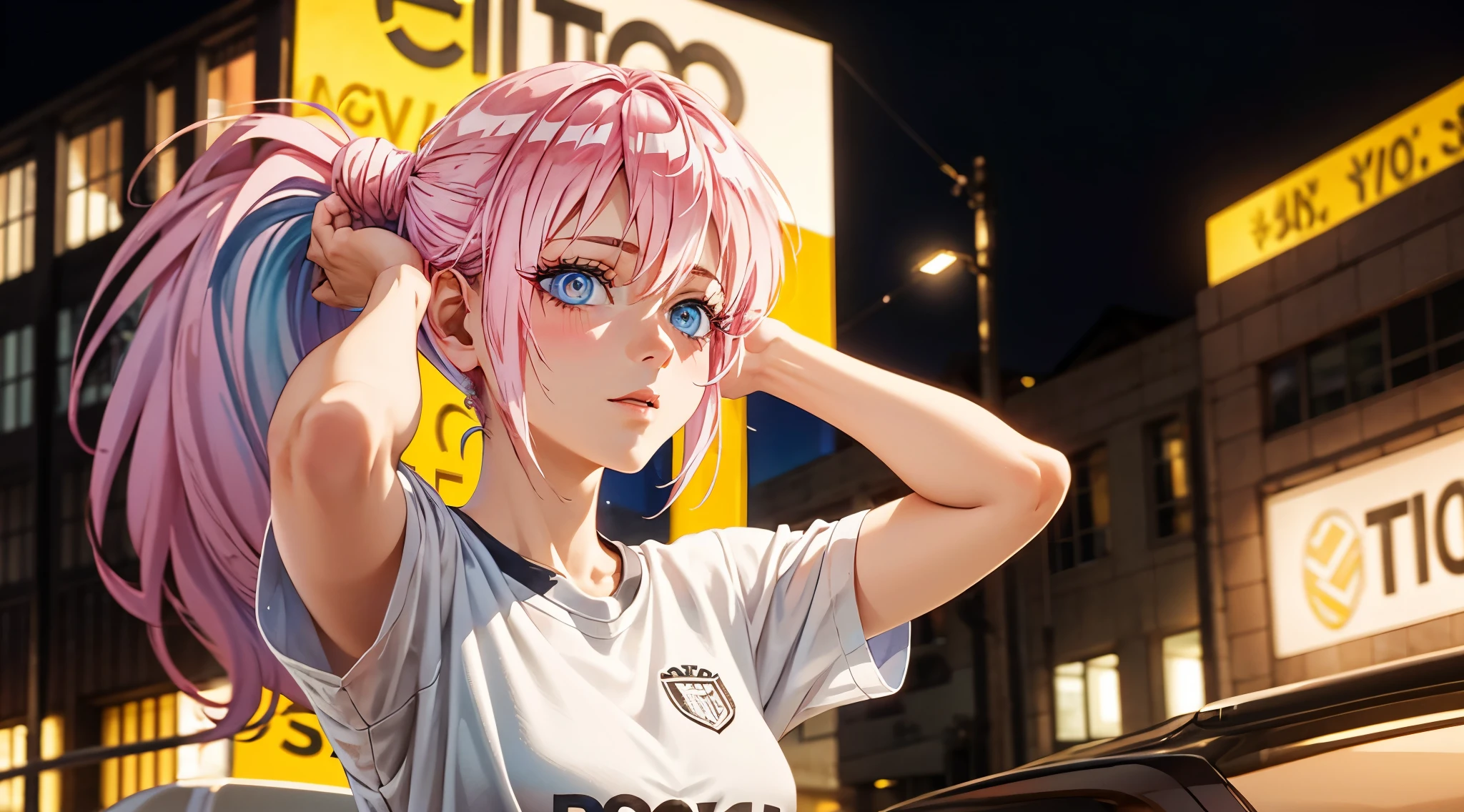 1girl, Shikimori, ribbon, gym uniform, t-shirt, short sleeves ,parody, upper body, pink hair, long hair, high ponytail looking at viewer, highly detailed background, (photo realistic:1.2), detailed eyes, red eyeshadow, depth of field, symmetry eyes, (ulzzang-6500:0.7), upper body, (solo:1.2), (cyberpunk city:1.1), ((young female)), perfect face, beautiful face, colorful, beautiful blue eyes, sexy blush expressions, arms up, raise bangs, hands on own cheeks, hands in hair, forehead, collarbone, style parody, good hand,4k, high-res, masterpiece, best quality, head:1.3,((Hasselblad photography)), finely detailed skin, sharp focus, (cinematic lighting), night, soft lighting, dynamic angle, [:(detailed face:1.2):0.2],(((city background))),