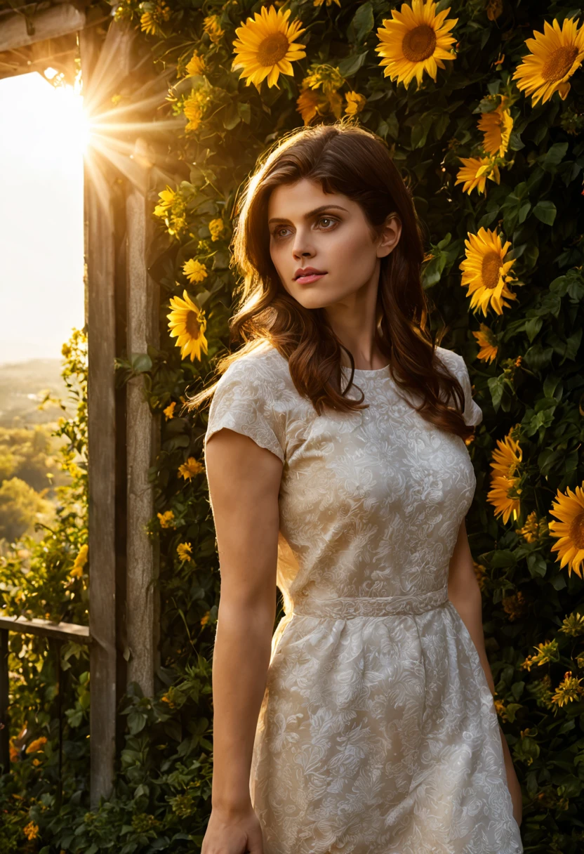 1 girl "Alexandra Daddario", dentro de um jardim de FLORES brancas，e o sol brilhava intensamente，The light from the back window is backlighted, Existe um caminho no meio do mar de flores，there is space between，There is a path in the center of the screen，The path leads to the distance，Quase real e muito virtual，FLORES brancas，There&#39;uma estrada no meio que leva para longe，the setting sun，变得 and the sun shone brightly，rico em detalhes，fotorrealista，Realismo，4K分辨率，textura rica，The painting style is smooth