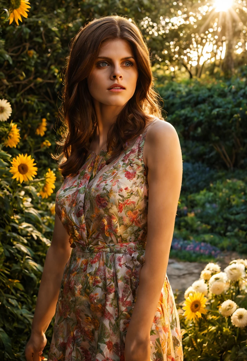 1 girl "Alexandra Daddario", dentro de um jardim de FLORES brancas，e o sol brilhava intensamente，The light from the back window is backlighted, Existe um caminho no meio do mar de flores，there is space between，There is a path in the center of the screen，The path leads to the distance，Quase real e muito virtual，FLORES brancas，There&#39;uma estrada no meio que leva para longe，the setting sun，变得 and the sun shone brightly，rico em detalhes，fotorrealista，Realismo，4K分辨率，textura rica，The painting style is smooth