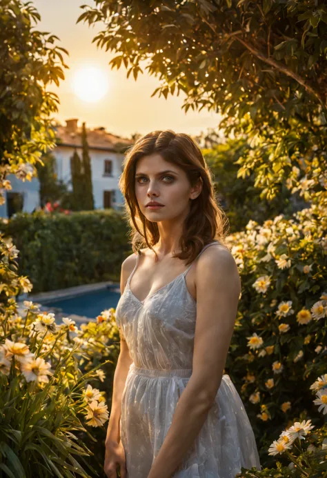 1 girl "Alexandra Daddario", dentro de um jardim de FLORES brancas，e o sol brilhava intensamente，The light from the back window ...
