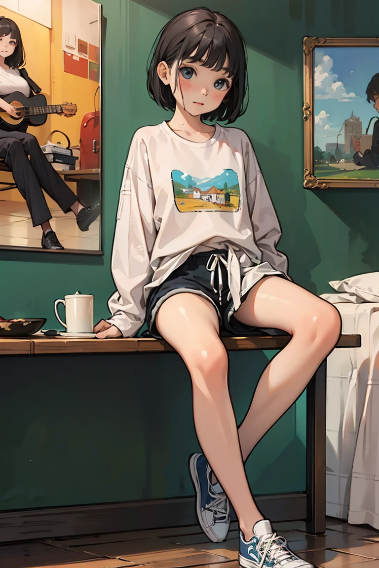 best quality, masterpiece, cutepainting, girl, short hair, shirt, shorts, shoes, grace sitting, full body