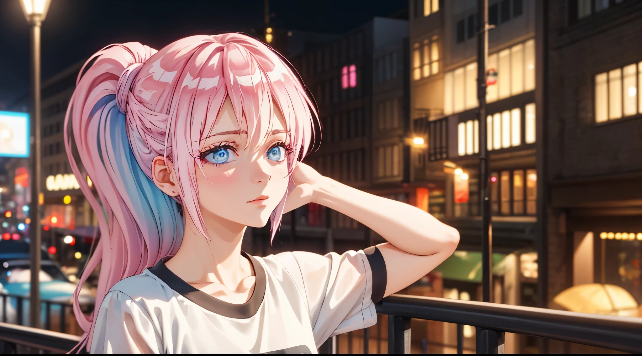 1girl, solo, Shikimori, ribbon, gym uniform, t-shirt, short sleeves ,parody, upper body, pink hair, long hair, high ponytail looking at viewer, highly detailed background, (photo realistic:1.2), detailed eyes, red eyeshadow, depth of field, symmetry eyes, (ulzzang-6500:0.7), upper body, (solo:1.2), (cyberpunk city:1.1), ((young female)), perfect face, beautiful face, colorful, beautiful blue eyes, sexy blush expressions, arms up, raise bangs, hands on own cheeks, hands in hair, normal hands, normal fingers, forehead, collarbone, style parody, good hand,4k, high-res, masterpiece, best quality, head:1.3,((Hasselblad photography)), finely detailed skin, sharp focus, (cinematic lighting), night, soft lighting, dynamic angle, [:(detailed face:1.2):0.2],(((city background))),