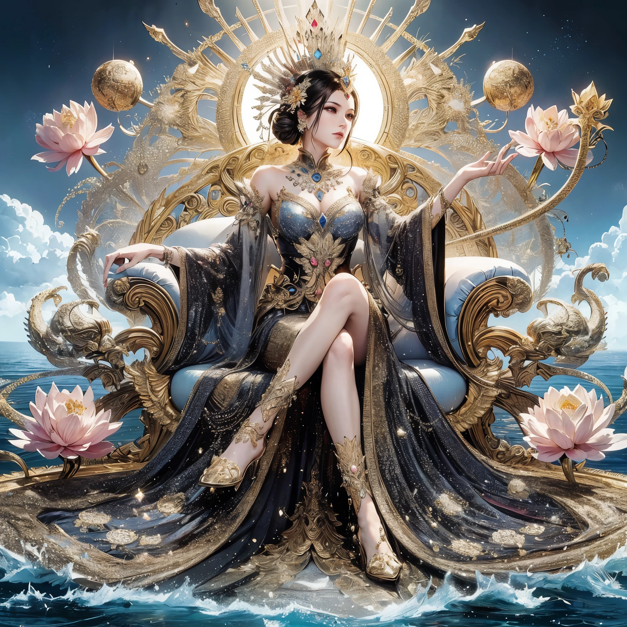 a woman sitting on a throne with a lotus flower in her hand, a beautiful fantasy empress, ((a beautiful fantasy empress)), gilded lotus princess, queen of the sea mu yanling, goddess. extremely high detail, a stunning portrait of a goddess, celestial goddess, extremely detailed goddess shot, 3 d goddess portrait, portrait of a beautiful goddess, sitting on intricate throne, masterpiece, best quality:1.2),,(8k,highres,RAW photo,realistic,photo-realistic:1.3),(detailed skin texture,detailed cloth texture,beautiful detailed face:1.25),professional lighting,photon mapping,beautiful soft light,radiosity,physically-based rendering,raytracing, model shoot style, model shoot style, (extremely detailed CG unity 8k wallpaper), full shot body photo of the most beautiful artwork in the world,