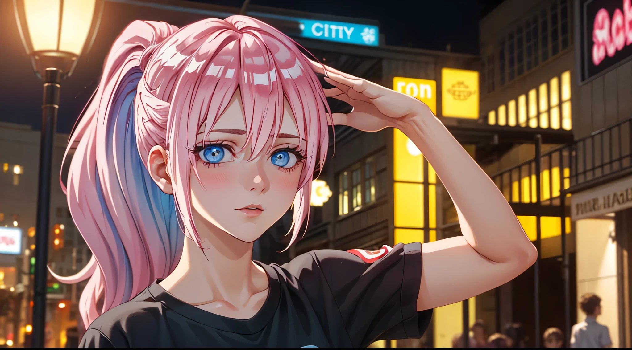 1girl, Shikimori, ribbon, gym uniform, t-shirt, short sleeves ,parody, upper body, pink hair, long hair, high ponytail looking at viewer, highly detailed background, (photo realistic:1.2), detailed eyes, red eyeshadow, depth of field, symmetry eyes, (ulzzang-6500:0.7), upper body, (solo:1.2), (cyberpunk city:1.1), ((young female)), perfect face, beautiful face, colorful, beautiful blue eyes, sexy blush expressions, arms up, raise bangs, hands on own cheeks, hands in hair, normal hands, normal fingers, forehead, collarbone, style parody, good hand,4k, high-res, masterpiece, best quality, head:1.3,((Hasselblad photography)), finely detailed skin, sharp focus, (cinematic lighting), night, soft lighting, dynamic angle, [:(detailed face:1.2):0.2],(((city background))),