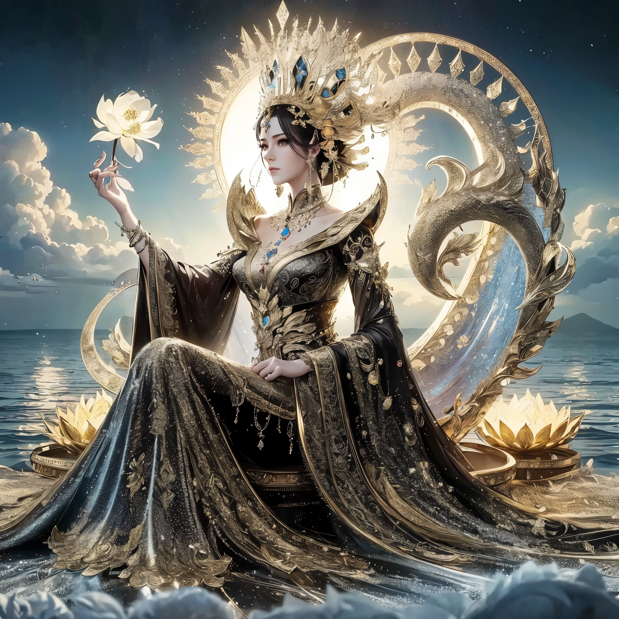 a woman with gigantic breast sitting on a throne with a lotus flower in her hand, a beautiful fantasy empress, ((a beautiful fantasy empress)), gilded lotus princess, queen of the sea mu yanling, goddess. extremely high detail, a stunning portrait of a goddess, celestial goddess, extremely detailed goddess shot, 3 d goddess portrait, portrait of a beautiful goddess, sitting on intricate throne, masterpiece, best quality:1.2),,(8k,highres,RAW photo,realistic,photo-realistic:1.3),(detailed skin texture,detailed cloth texture,beautiful detailed face:1.25),professional lighting,photon mapping,beautiful soft light,radiosity,physically-based rendering,raytracing, model shoot style, model shoot style, (extremely detailed CG unity 8k wallpaper), full shot body photo of the most beautiful artwork in the world,