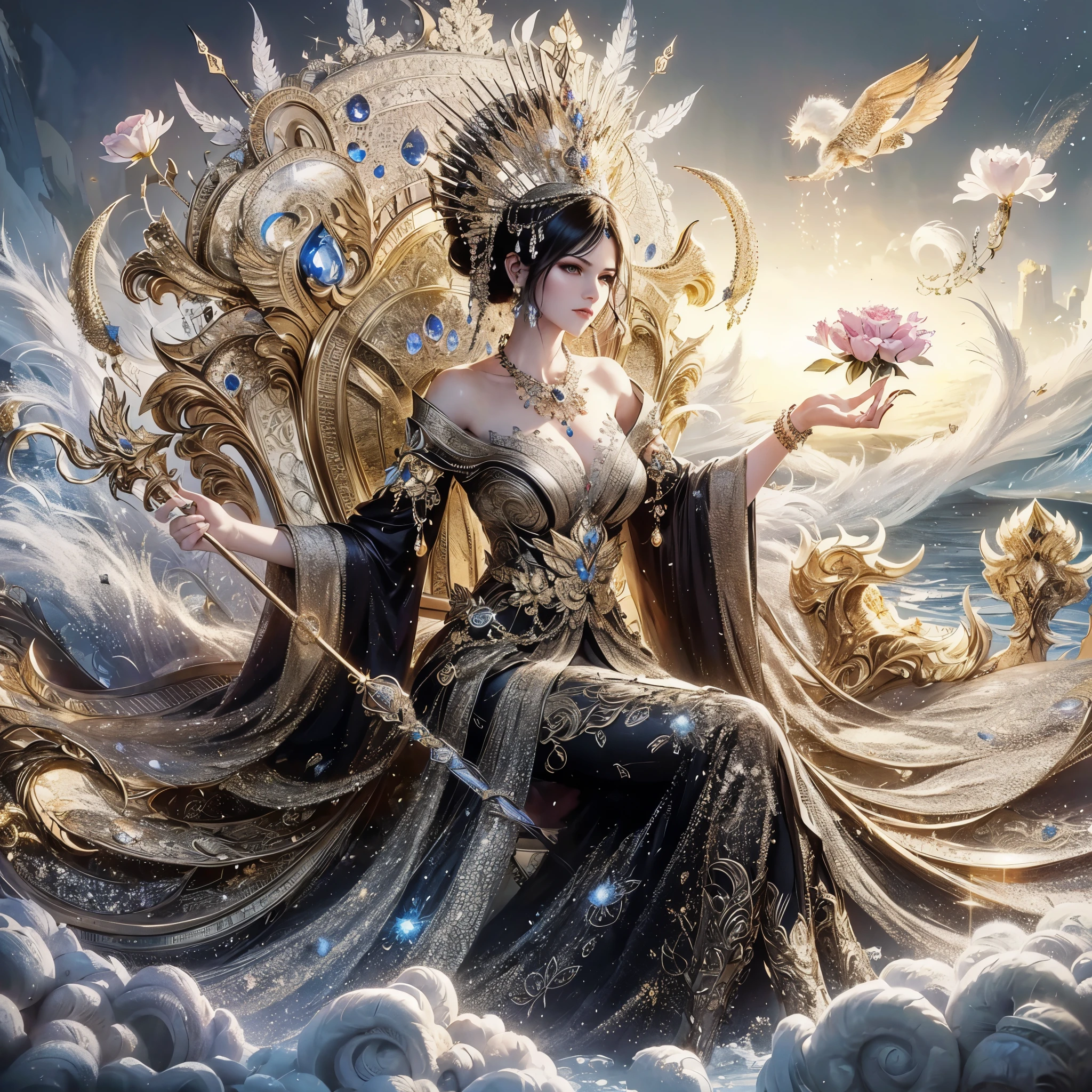 امرأة ذات صدر ضخم تجلس على العرش وفي يدها زهرة لوتس, إمبراطورة الخيال الجميلة, ((إمبراطورة الخيال الجميلة)), أميرة اللوتس المذهبة, ملكة البحر مو يانلينغ, إلهة. تفاصيل عالية للغاية, a stunning portrait of a إلهة, celestial إلهة, extremely detailed إلهة shot, 3 d إلهة portrait, portrait of a beautiful إلهة, يجلس على العرش المعقد, تحفة, أفضل جودة:1.2),,(8 كيلو,دقة عالية,صورة خام,حقيقي,photo-حقيقي:1.3),(نسيج الجلد مفصل,نسيج قماش مفصل,وجه مفصل جميل:1.25),إضاءة احترافية,رسم خرائط الفوتون,ضوء ناعم جميل,الإشعاع,التقديم القائم على الجسد,com.raytracing, أسلوب تبادل لاطلاق النار النموذجي, أسلوب تبادل لاطلاق النار النموذجي, (extremely detailed CG unity 8 كيلو wallpaper), صورة كاملة للجسم لأجمل عمل فني في العالم,