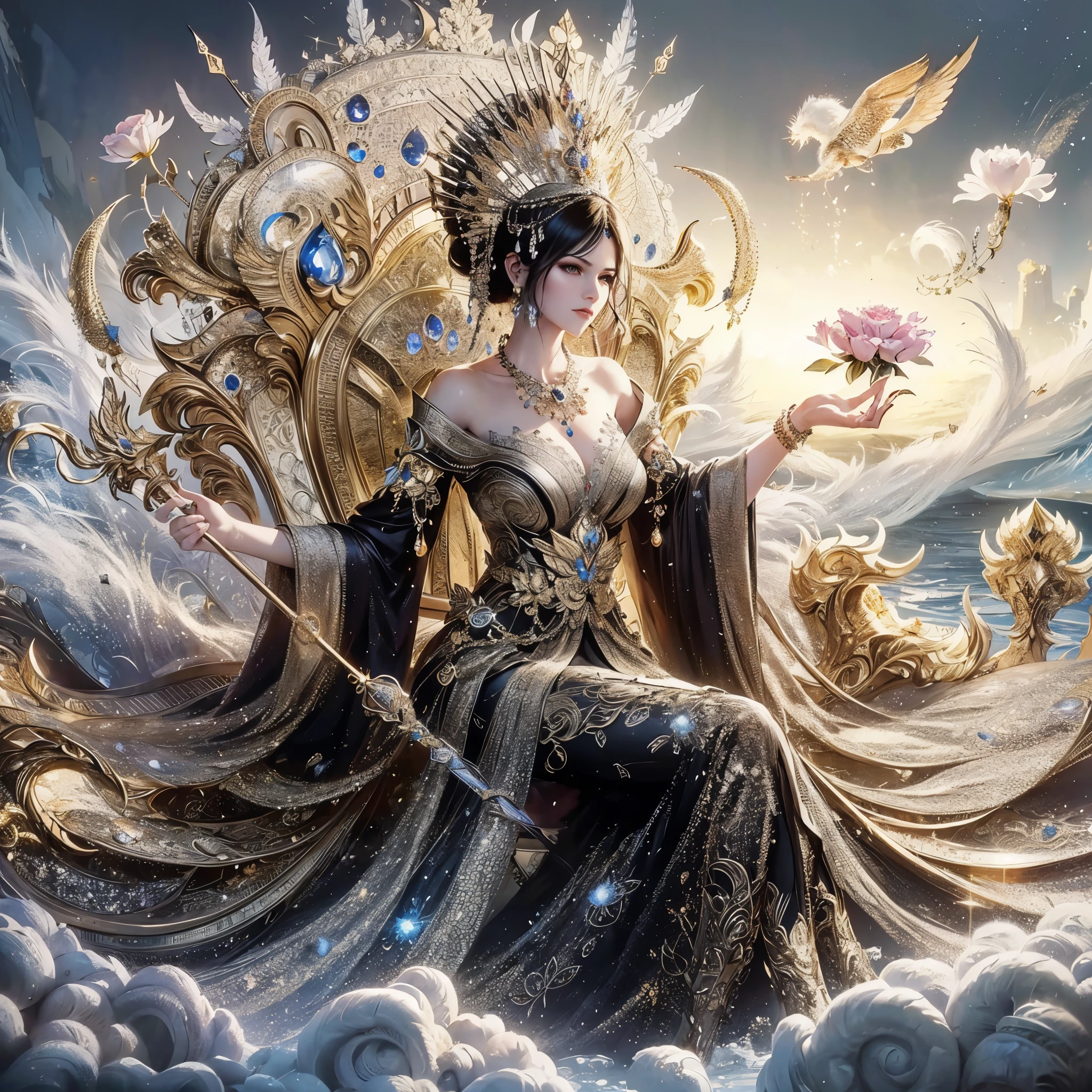 a woman with gigantic breast sitting on a throne with a lotus flower in her hand, a beautiful fantasy empress, ((a beautiful fantasy empress)), gilded lotus princess, queen of the sea mu yanling, goddess. extremely high detail, a stunning portrait of a goddess, celestial goddess, extremely detailed goddess shot, 3 d goddess portrait, portrait of a beautiful goddess, sitting on intricate throne, masterpiece, best quality:1.2),,(8k,highres,RAW photo,realistic,photo-realistic:1.3),(detailed skin texture,detailed cloth texture,beautiful detailed face:1.25),professional lighting,photon mapping,beautiful soft light,radiosity,physically-based rendering,raytracing, model shoot style, model shoot style, (extremely detailed CG unity 8k wallpaper), full shot body photo of the most beautiful artwork in the world,