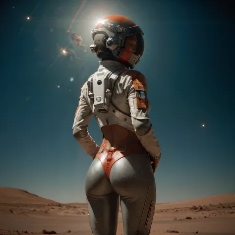 A futuristic rear angle (sci-fi) photo of a (fit woman futuristic astronaut standing on rock overlooking Martian valley on Marack towards viewer, not looking at viewer, (important, wearing skintight white and red sci-fi spacesuit, full body),  fit body, (f...