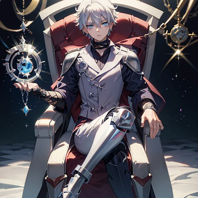killua zoldyck anime crackter, white hair, blue eyes, wearing knight armor sitting on a royal chair