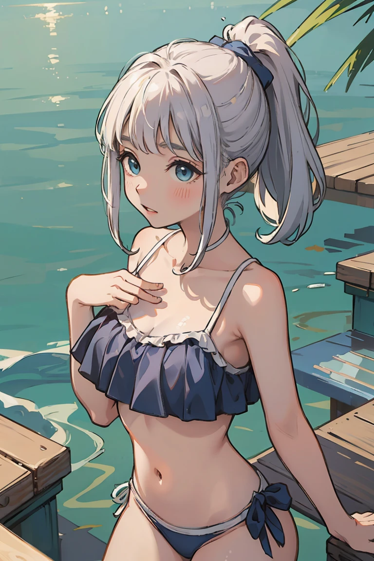 (best quality, masterpiece1.8), cutepainting, a woman in a bathing suit in the water, wet swimsuit, is wearing a swimsuit, water armor, blue scales covering her chest, in water up to her shoulders, stands in a pool of water, swimsuit, scales covering her chest, wearing two - piece swimsuit, neko, with blue skin, deep blue skin, water demon, silver hair (ponytail)