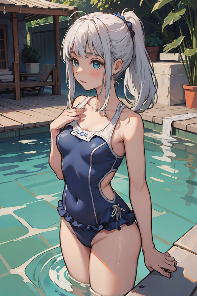 (best quality, masterpiece1.8), cutepainting, a woman in a bathing suit in the water, wet swimsuit, is wearing a swimsuit, water armor, blue scales covering her chest, in water up to her shoulders, stands in a pool of water, swimsuit, scales covering her chest, wearing two - piece swimsuit, neko, with blue skin, deep blue skin, water demon, silver hair (ponytail)