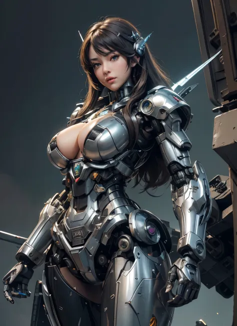 ctextured skin, super detailing, high detal, high qulity, Best quality at best, A high resolution, 1080p, hdd, The beautiful,(cyborg cyborg beauty,Mecha robot girl,Versus mode,mecha-girl,Big-breasted beauty,She wears a battle robot mecha with weapons