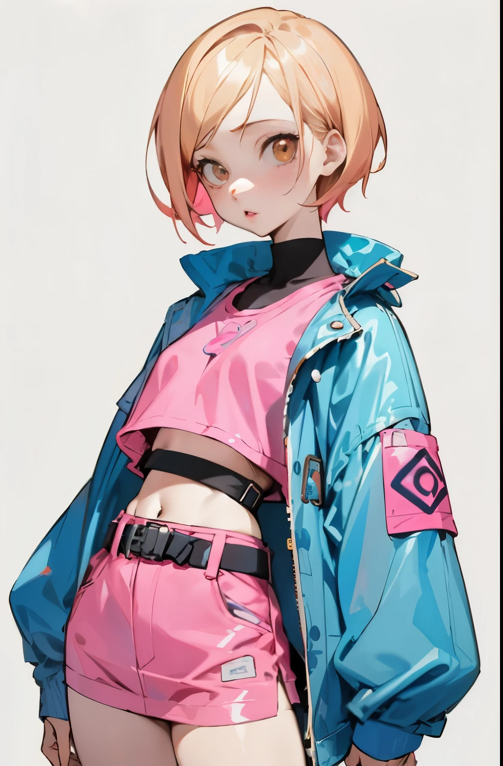 (masutepiece, Best Quality) Detailed, 1character , Blue Archive Art Style , wearing a baby blue jacket, Pink belt , Outfits inspired by BLACKPINK, croptop,stunning woman , Short hair , Blonde hair , Orange Eyes , no pupils , Pink lips , pale skin , ￼26 years old, 
 , pastel color fading , Cell shade ,