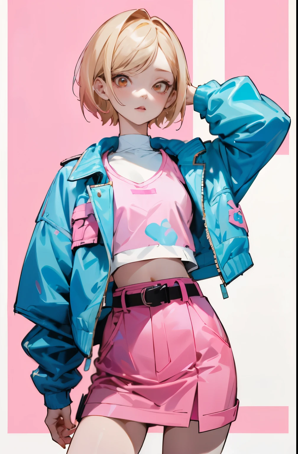 (masutepiece, Best Quality) Detailed, 1character , Blue Archive Art Style , wearing a baby blue jacket, Pink belt , Outfits inspired by BLACKPINK, croptop,stunning woman , Short hair , Blonde hair , Orange Eyes , no pupils , Pink lips , pale skin , ￼26 years old, 
 , pastel color fading , Cell shade ,