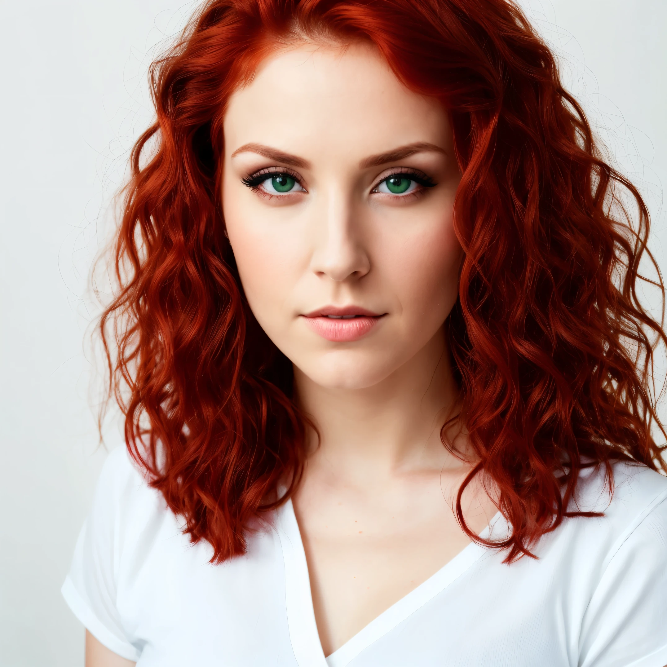 front view, looking at camera, RAW photo,((black shirt:1.2)), ((portrait)),beautiful red hair 30 years old woman, green eyes, perfecteyes eyes, ((white background:1.2)), studio lighting, high quality, film grain, Fujifilm XT3, centralized