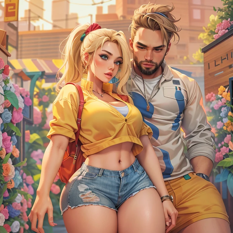 (1girl),Thicc,wide thighs,big ass, fitted colored shorts. Blonde hair in ponytail. backwards. Front view. (1guy), has has arm around her hips, hand on her ass