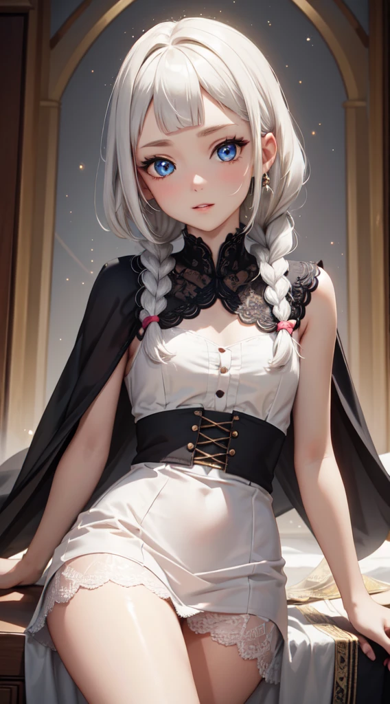 mature,slender body:1.2, small chest, braid, ((short bangs:1.4)), (white hair), body shaper,(best quality:1.3), (highres:1.3), (clear:1.3), (8k:1.3), masterpiece, (detailed:1.1), 1girl, beautiful detailed eyes, beautiful detailed lips, extremely detailed eyes and face, long eyelashes, blue eyes, shy smile, perfect proportion, face close up, blush, forehead, lace_trim capelet, with white see-through_dress, thighlet, parted_lips, jewelry,glint, sparkle, light_rays lens_flare light_particles, hyper detailed, high detail, exquisite detail