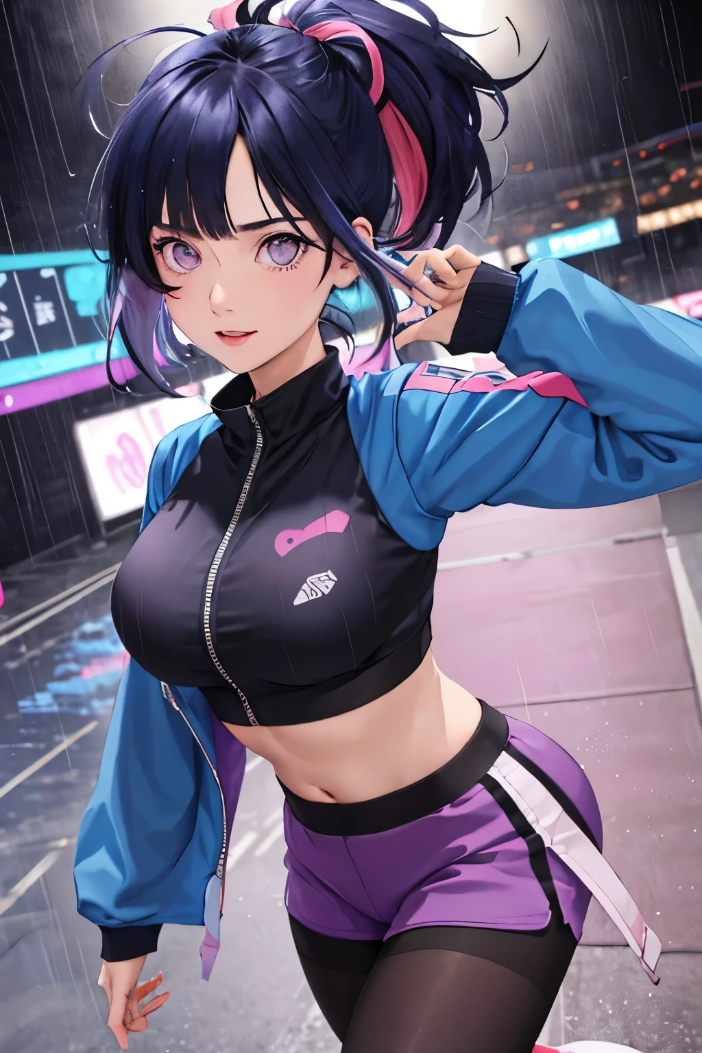 sportrait, 1 girl, pretty  face, Asymmetrical hair, multicolour hair, obi strip, Tights, Cover the navel, separated sleeves, a purple eye, Hip vents, Open jacket, cute big breasts, Just look at the audience, nightcity, neon, It's raining, bluntbangs,dark-blue hair