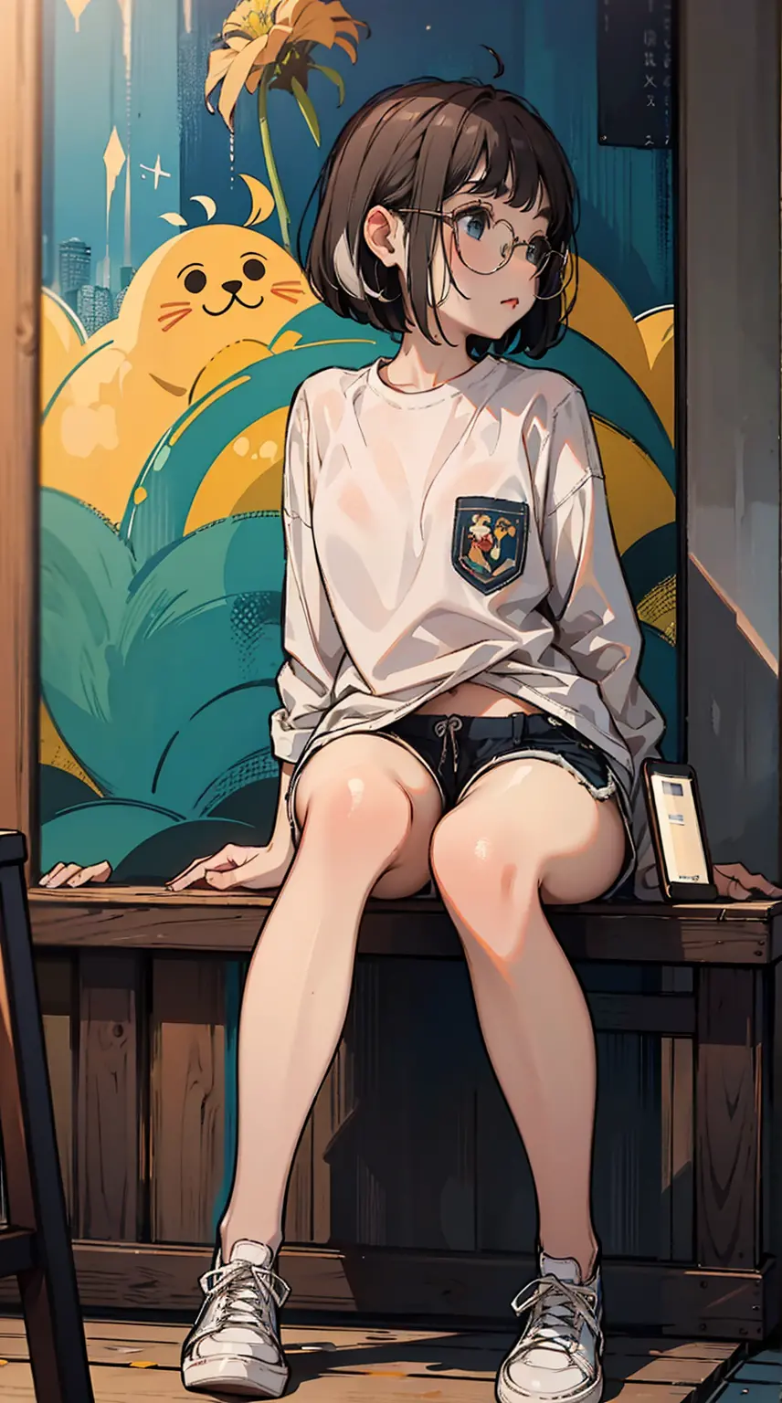 best quality, masterpiece, cutepainting, girl, short hair, shirt, shorts, shoes, grace sitting, full body