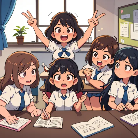 multiple girls, elementary students, dark-haired girls, well-lit school classrooms, colorful classroom decorations, cheerful and...