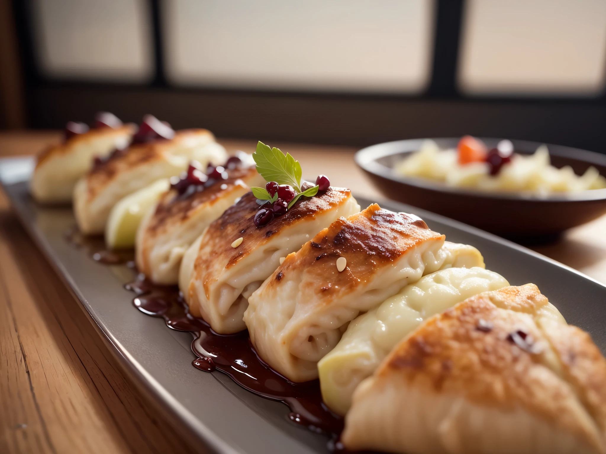 masterpiece, photography, food photography, food advertising, close shot, focused shot, Chinese gyoza, plating food fine dining,, delicious, studio lighting, depth of field, epic composition, epic proportion, HD