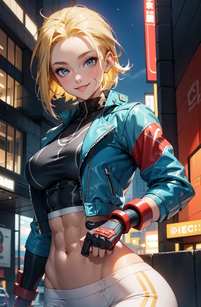 cammy 6 ,1 garota , Sozinho , regata , yoga pant, abdômen, cabelo curto , cabelo loiro , jaqueta aberta ,olhos azuis , ar livre , de pé , sorriso , feliz , tronco , cicatriz nas bochechas ,luvas,