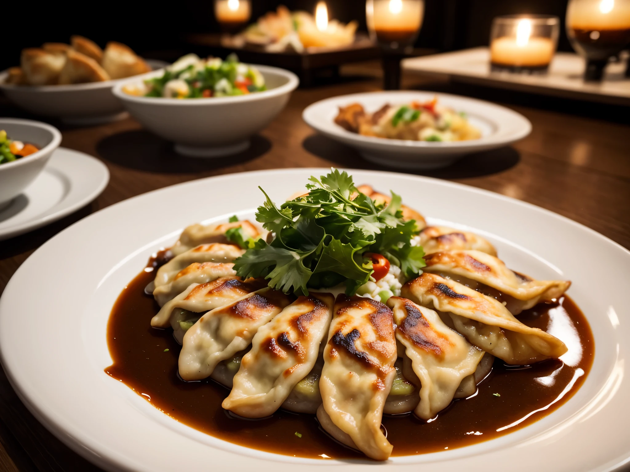 masterpiece, photography, food photography, food advertising, close shot, focused shot, Chinese gyoza, plating food fine dining,, delicious, studio lighting, depth of field, epic composition, epic proportion, HD