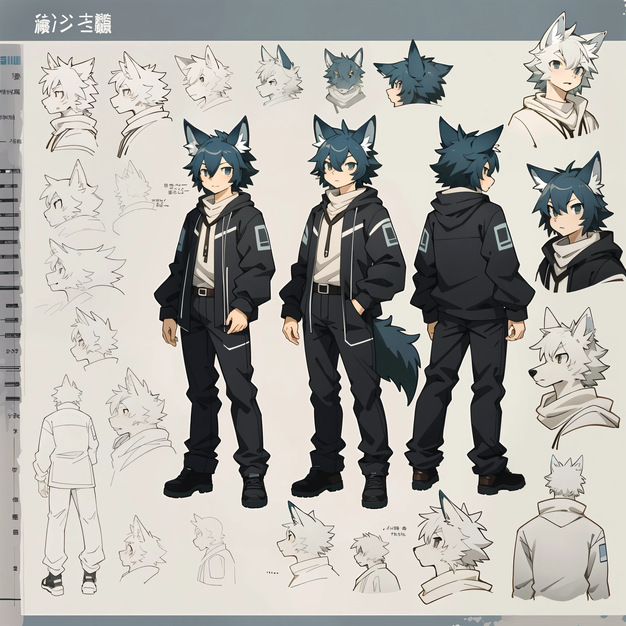 highres, top quality, best quality, paid reward available, High-quality illustrations, unparalleled masterpiece, perfect artwork, absurdres, perfect anatomy, standing kemono boy, three view drawing, front and side and back, character sheet, character design wolf, assorted facial expression, fully posable, neutral pose, extra detailed body, 5fingers, thinking pose, cool pose(highly detailed figure)complete detailed body, anime character, Detailed description of character, text, Collection of setting materials,