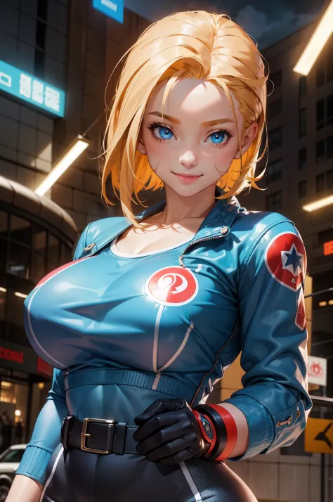 cammy 6 ,1girl , solo , tank top , yoga pant, abs, short hair , blonde hair , open jacket ,blue eyes , outdoor , standing , smil...