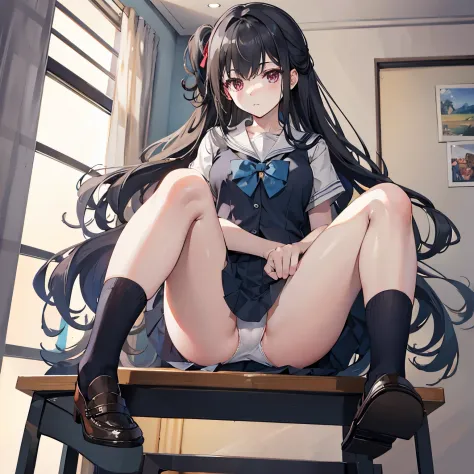 School Uniform,Skirt,Thigh,Panty Shot,White Panty,School,sitting on the desk,take your feet off the desk,looking-down,M-shaped spread legs