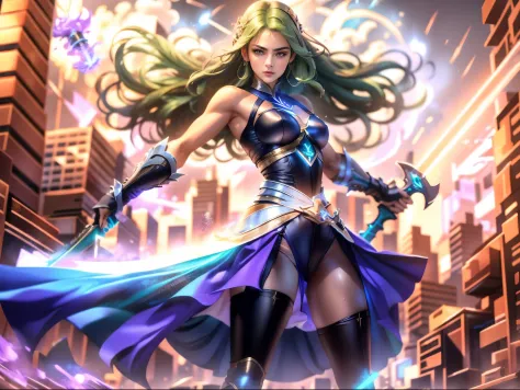 1girl, Cara Evangeline/Gina Carano, with neon green hair in sexy amazing futuristic mage tech battle maiden in armor tech dress with a heavy weapon,  teenage dream