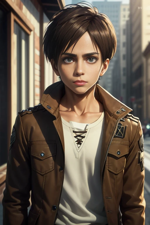 masterpiece, best quality, high quality, 1boy, solo, male focus, looking at viewer, upper body, eren_yeager, brown hair, , jacket, Realism