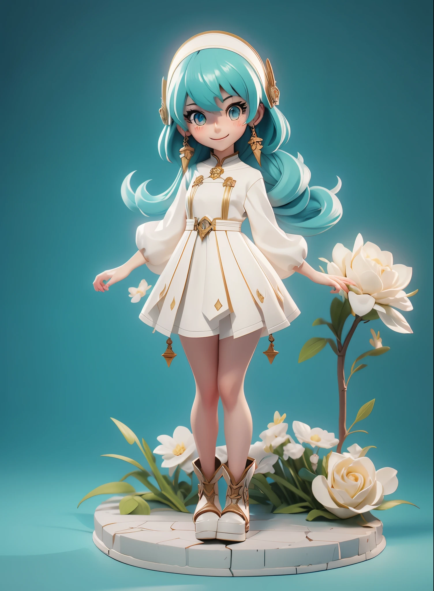 Anime character with long hair and white dress, cyan eyes, 2. 5 d cgi anime fantasy artwork, Official Character Art, cushart krenz key art feminine, shadowverse character concept, 3 d render official art, anime goddess, jrpg character art, render of a cute 3d anime girl,A sly smile