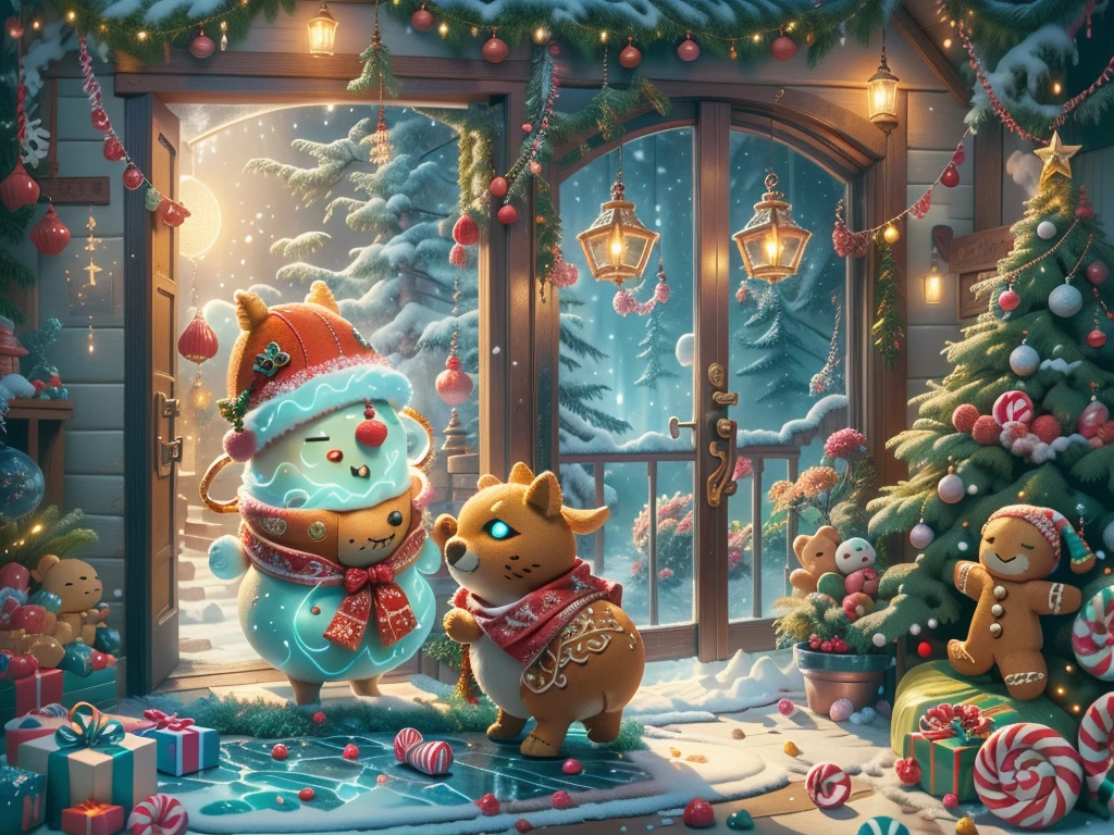 (tmasterpiece),（ultra - detailed:1.3），(Close-up: 1.8), Best quality，（棉花糖一样的白yuki:1.2），（Christmas courtyard in blue fairy tale:1.6），(蓝色门上圣诞decorationlower ring: 1.8),（suns），(((Delicious candies in front of the door，Christmas tree, gifts, Christmas stockings, cute gingerbread man，chocolate house splash))), Illustration style, decorations, Fantasy Christmas small courtyard, Lovely design style, yuki，rays of sunshine，vivd colour、 ((Whimsical and charming fantasy)), Surreal portrait, (Fantasy themed Christmas cabin), (Whimsical Christmas Accessories), (Colorful, Landscape full of candy), (enchanting, 神奇的Christmas tree), (A vibrant one, Candy-colored courtyard), (Candy Road), (blue candy door) in distance, (Like a mirror, 不对称tmasterpiece钟表配件), (Rich, fantasticcolors), (温暖的rays of sunshine), (four dimensional dream), (enchanting atmosphere), (Playful composition), (生动的rays of sunshine效果), 1.4x realism，hyper HD，Shown in this beautiful scene，(Very meticulous，Reasonable design，Clear lines，High- sharpness，tmasterpiece，offcial art，movie light effect，8K)