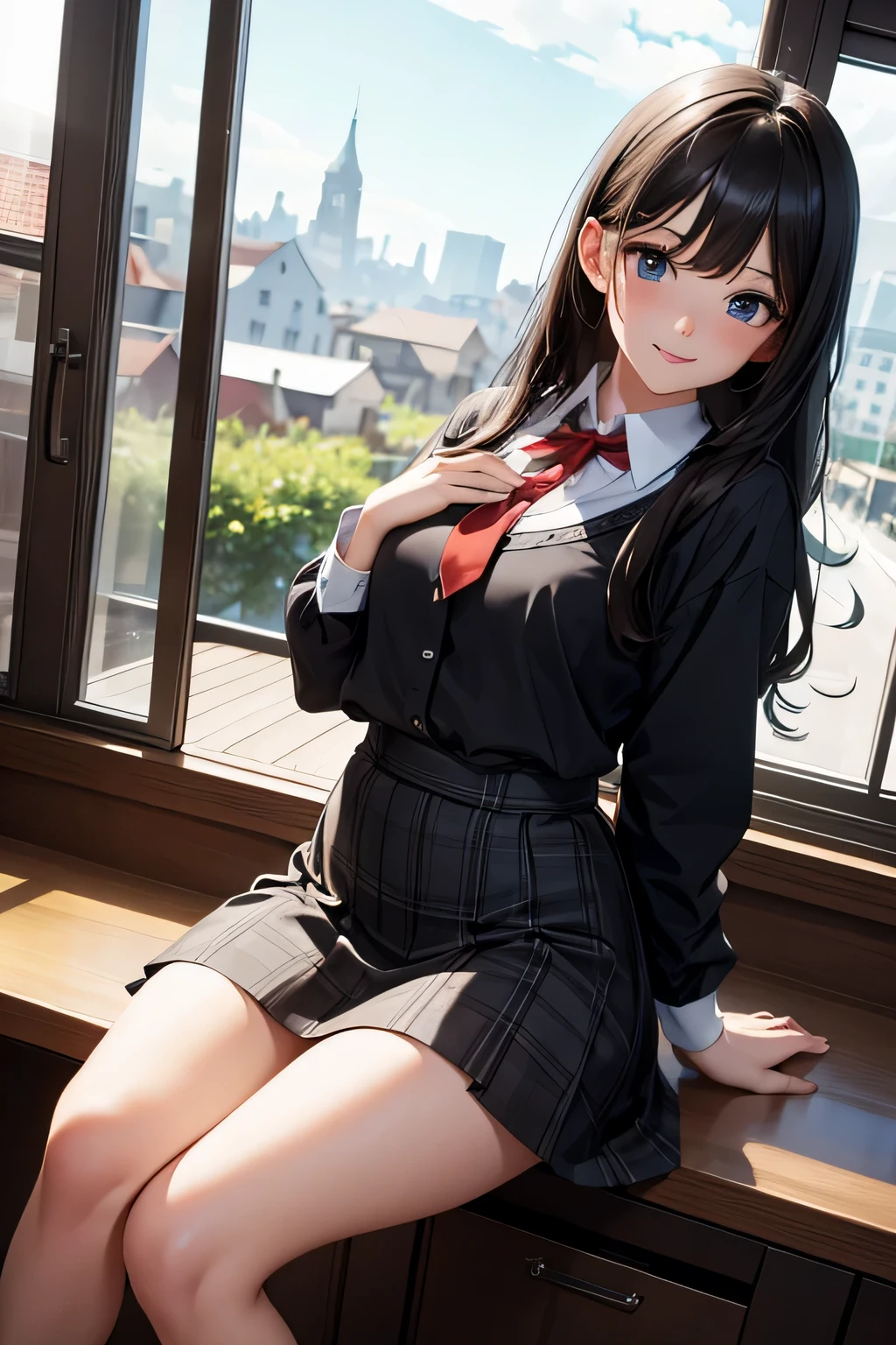 very cute and beautiful school girl,(very detailed beautiful face and eyes:1.2), Smile,Black hair,(Mini skirt),(From below),White panties, Wooden Classroom,window,Distant trees々and town, (Best Quality,masutepiece:1.2),Intricate details,Extremely detailed,hight resolution,Solo,Cinematic lighting,