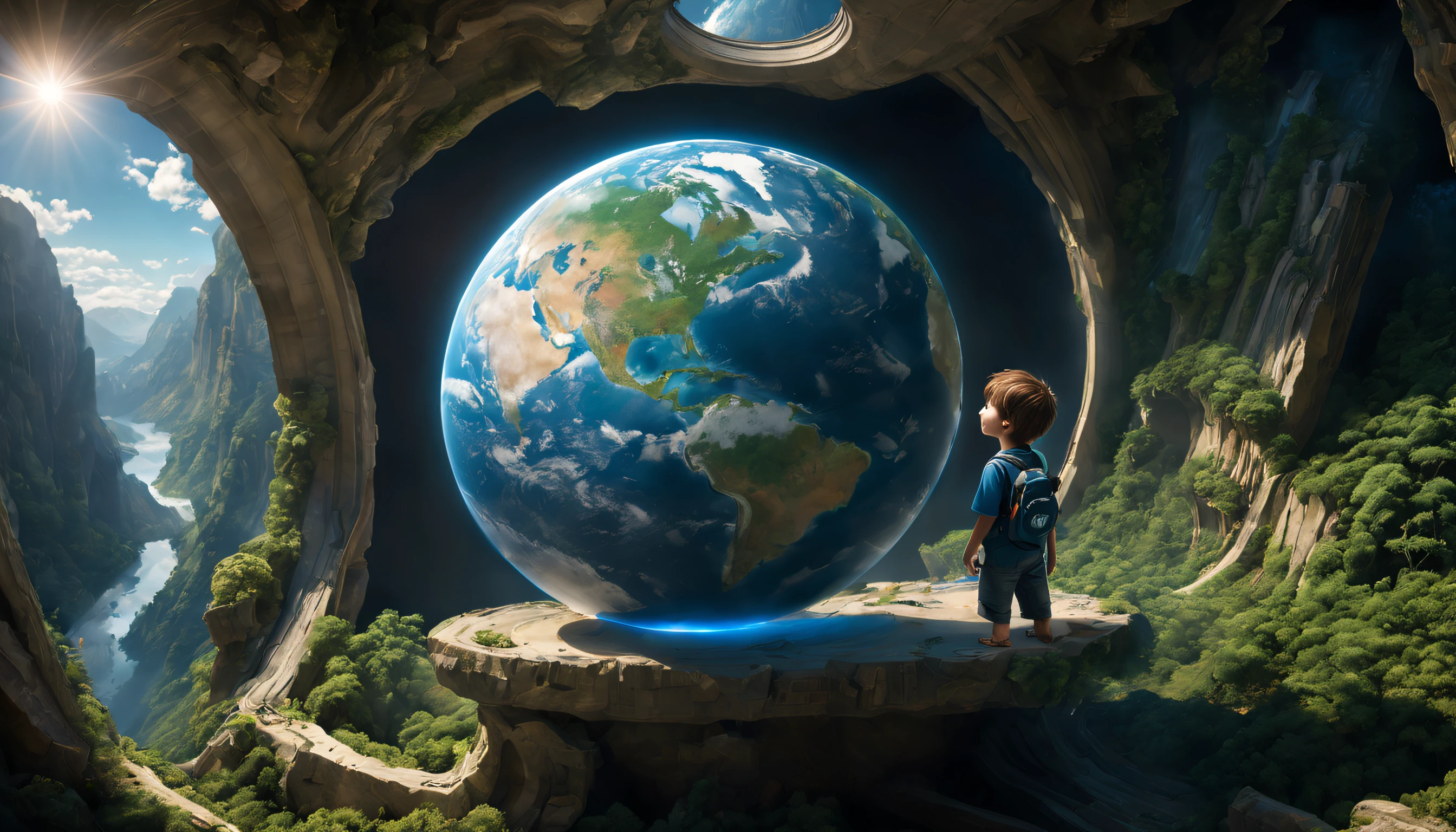 (A boy: 0.8), (the earth:1.4), (best quality,4k,8k,highres,masterpiece:1.2), (ultra-detailed), (realistic,photorealistic,photo-realistic:1.37), (HDR), (vivid colors), (sharp focight sunlight), (young boy), (globe), (blue planet), (normal clothes), ((mortar board)), (floating), (spacecraft), (curiosity), (wonder), (earth's atmosphere), (endless universe), (ethereal), (unexplored territory), (limitless potential), (crystal clear view), (rivers and mountains), (lush green vegetation), (pristine nature), (peaceful), (surreal), (awe-inspirinagical), (adventure), (discovery), (journey into the unknown), (boy's dream), (hand touch the world), (amazing perspective)