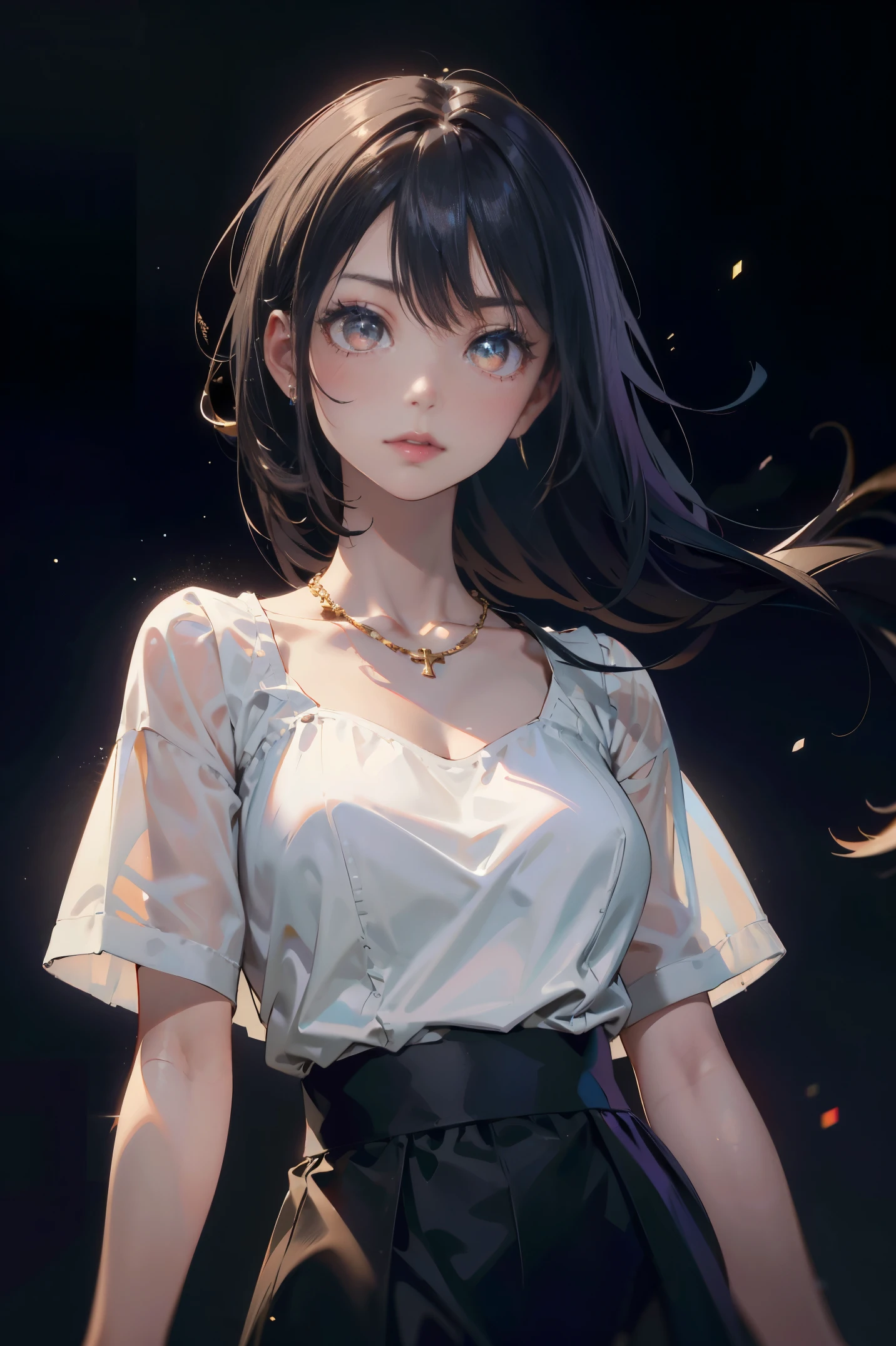 A woman with long black hair and a white shirt - SeaArt AI