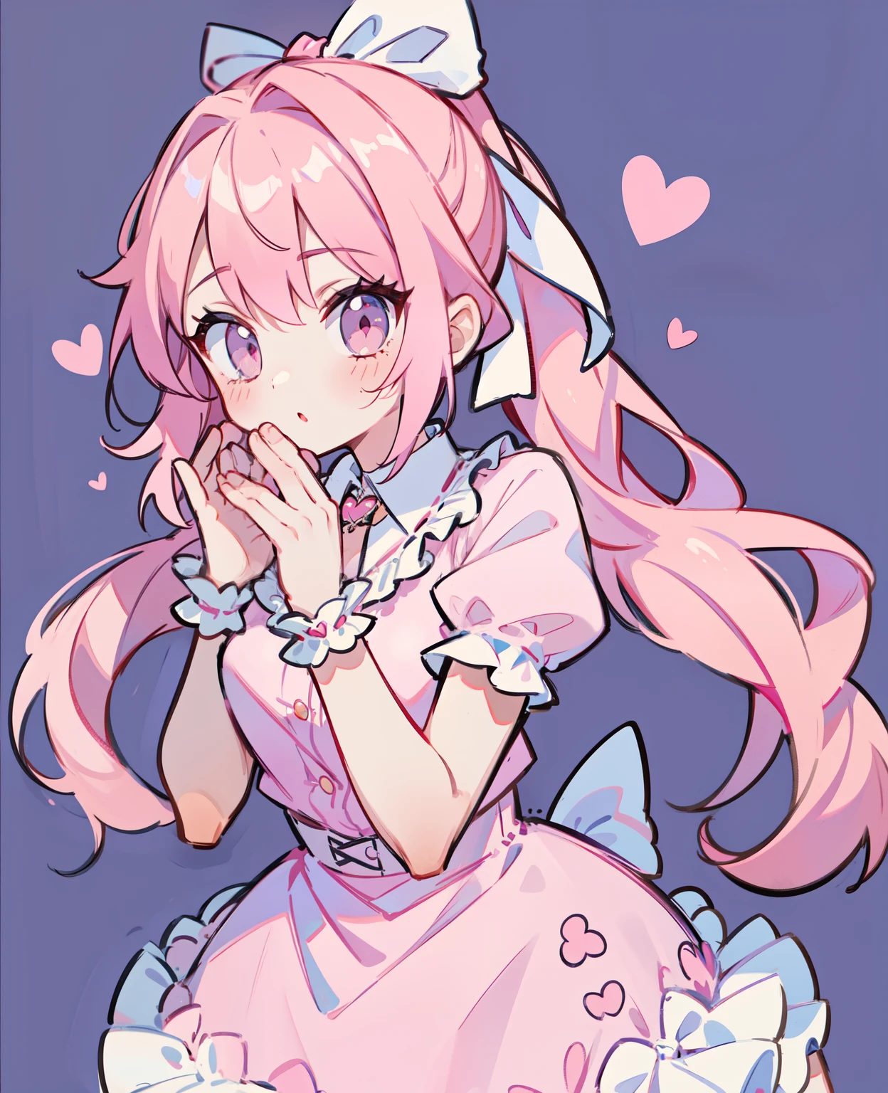 1 girl in, Pink hair, Long double ponytail, Pink shirt, puffy collar, White fluffy skirt,  heart and your hands, White ribbon on hair, Lots of hair accessories, Lolita prostitute