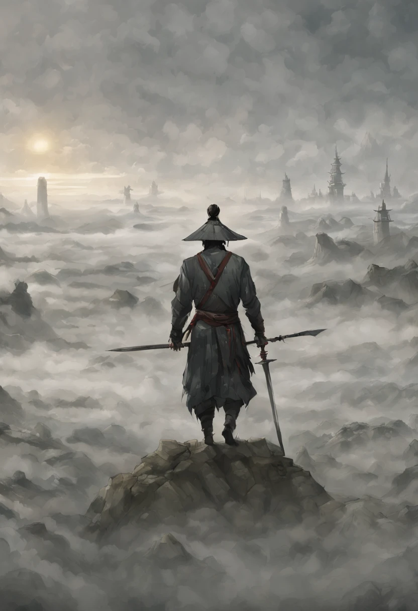 Dibuja a un hombre con una espada，En el paisaje envuelto en niebla, inspirado en somi, Autor：Héroes, Autor：Shen Zhou, ilustración de arte conceptual, arte conceptual japonés tradicional, inspirado en Feng Zhu, arte conceptual de ilustración, inspirado en Shen Zhou, Inspired by Zhang Sengyao, Autor：Li Zai, Autor：Sun Kehong, Una hermosa ilustración artística., arte conceptual dramático