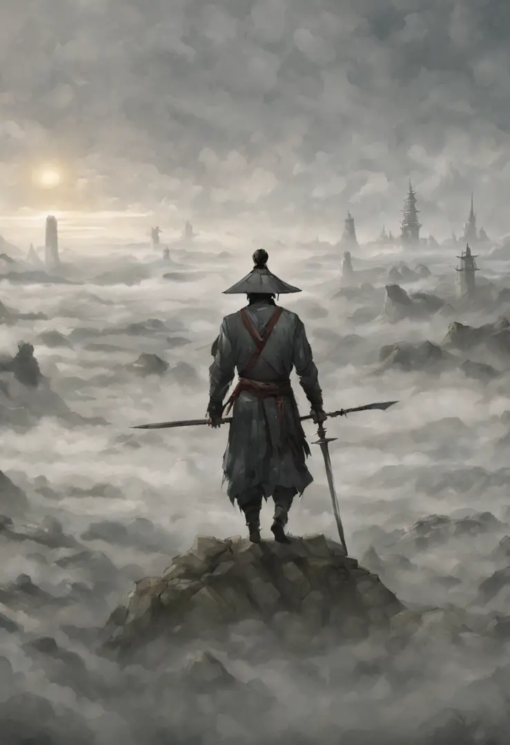 Draw a man with a sword，In the mist-shrouded landscape, inspired by somi, author：heroes, author：Shen Zhou, concept art illustrat...