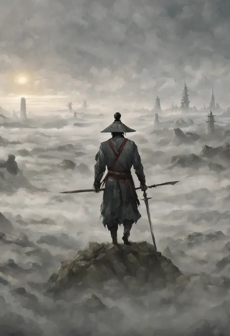 draw a man with a sword，in the mist-shrouded landscape, inspired by somi, author：heroes, author：shen zhou, concept art illustrat...