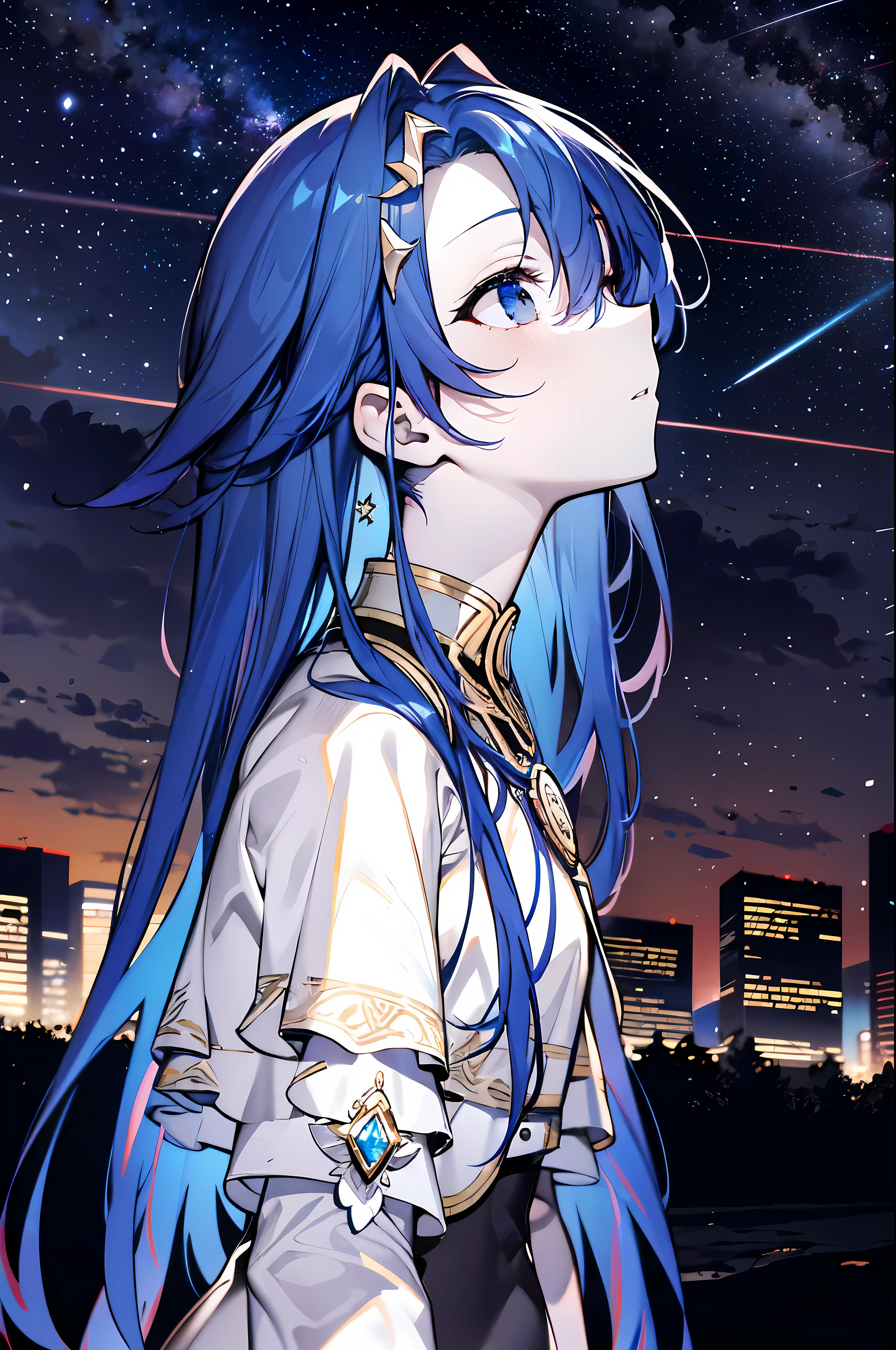detailed, (masterpiece:1.2), (pale skin:1.2), (solo:1.2), (female), (emphasis lines:1.3), slender, blue hair, long hair, outdoors, looking away, night, starry_sky