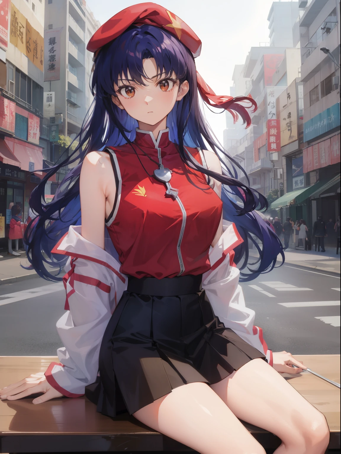 Misato Katsuragi, Misato Katsuragi, cheveux longs et blancs, (yeux marrons:1.5), Cheveux bleus, cheveux violets, ,、Sous-vêtements de petite taille、 Montre ton pantalon、une jupe, des épaules, bijoux, veste, Anneau de mamelon d&#39;oreille, Ouvre tes vêtements, Sans manches, collier ras du cou, Black une jupe, 开放式veste, Sans manches dress, béret, jupe courte, fourchette, couvre-chef rouge, 红色veste, fourchette collier ras du cou, PAUSE PAUSE PAUSE looking at viewer, PAUSE PAUSE PAUSE outdoors, Ville, PAUSE PAUSE PAUSE (Sur la table:1.2), La meilleure qualité au mieux, Une haute résolution, Fond d&#39;écran Unité 8k, (éclaircissement:0.8), (Des yeux beaux et délicats:1.6), Les détails du visage sont particulièrement riches, Lit parfait, CG extrêmement détaillé, (des mains parfaites, anatomie parfaite),