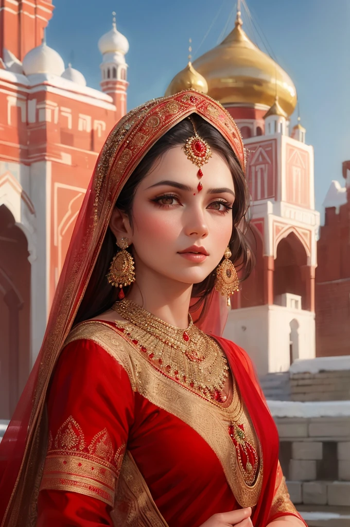 Create a portrait of a graceful Russian Hindu woman in the historic Kremlin courtyard, wearing an elegant saree and a red bindi. Highlight the contrast between the traditional Indian attire and the iconic Russian architecture.