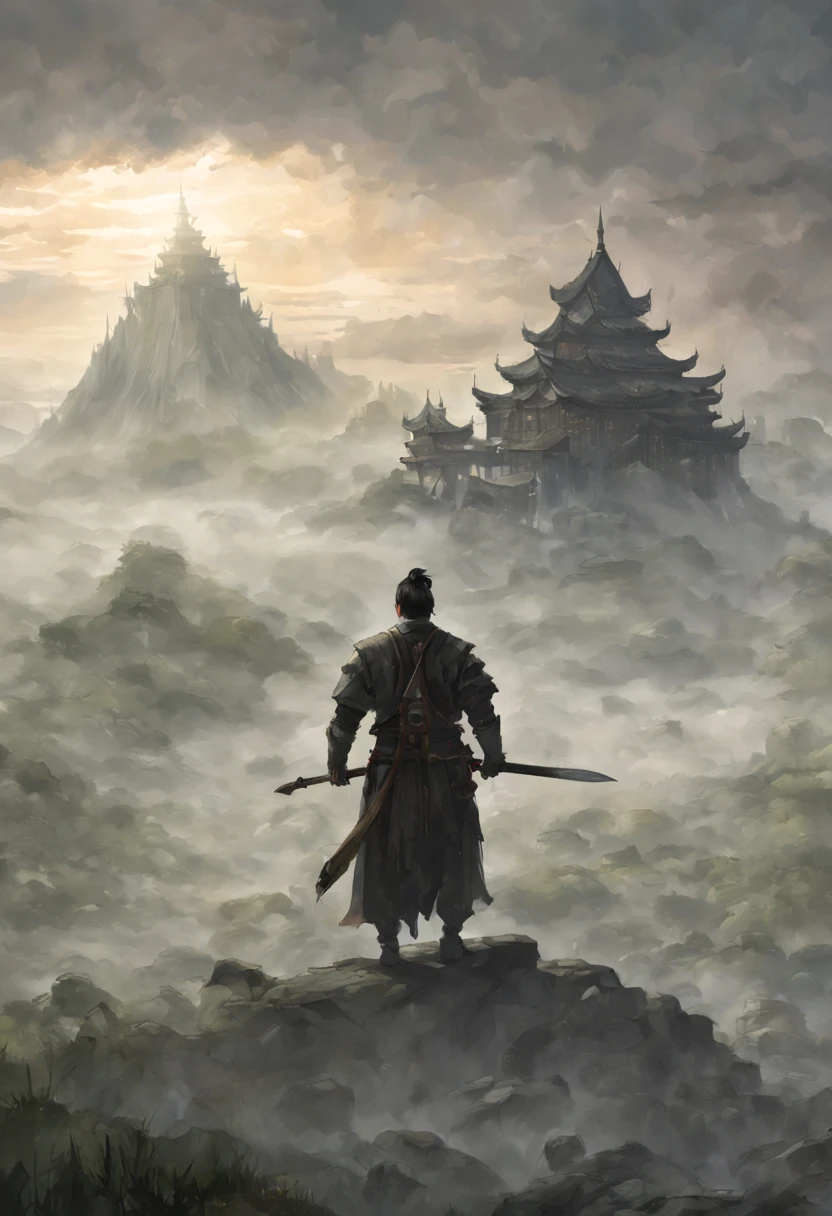 Draw a man with a sword，In the mist-shrouded landscape, inspired by somi, author：heroes, author：Shen Zhou, concept art illustration, traditional japanese concept art, inspired by Feng Zhu, Illustration concept art, Inspired by Shen Zhou, Inspired by Zhang Sengyao, author：Li Zai, author：Sun Kehong, A beautiful artistic illustration, dramatic concept art