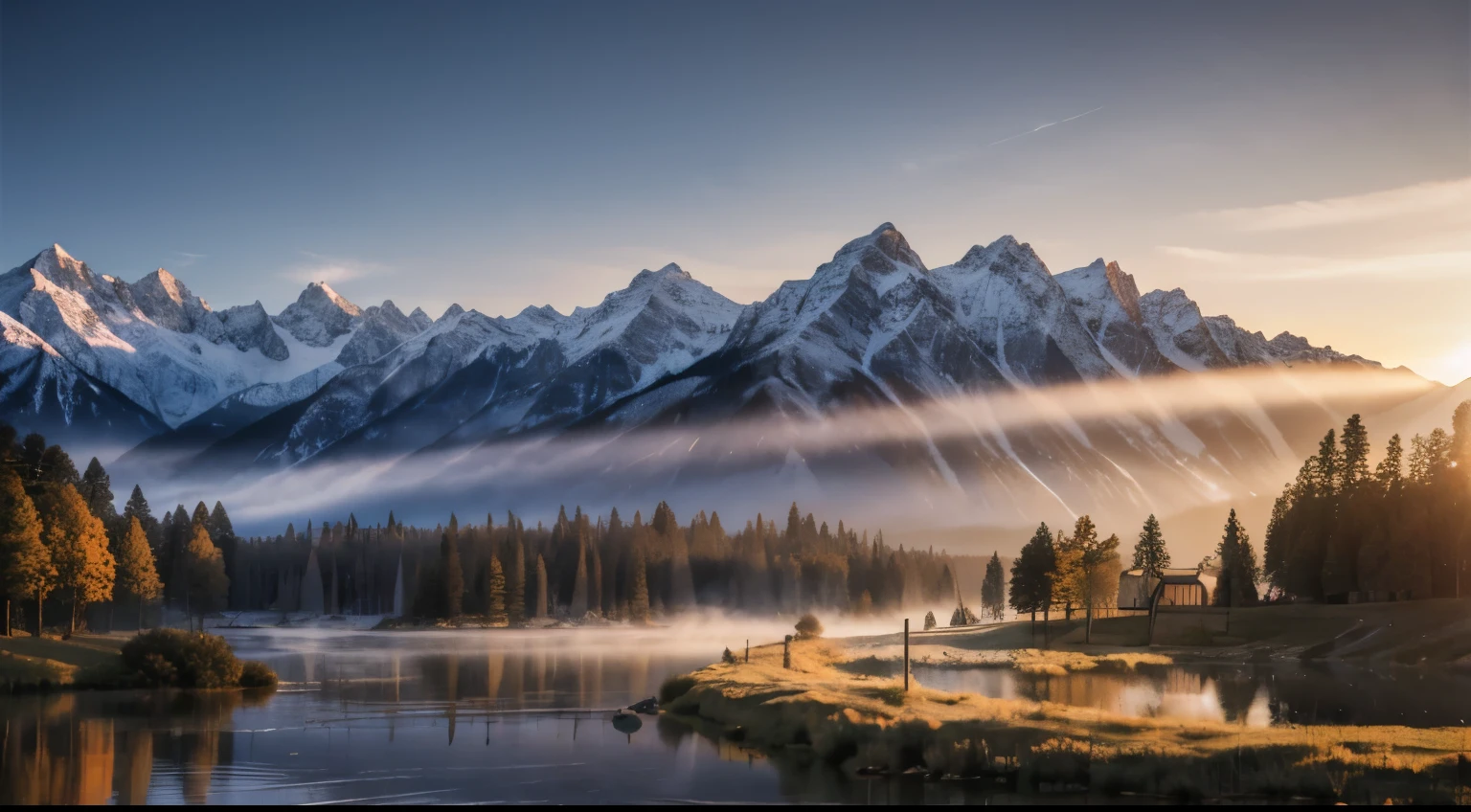 montagnes au loin, lever du soleil, des arbres, rivière