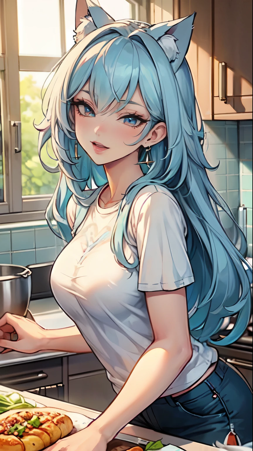Masterpiece, beautiful art, professional artist, 8k, art style by sciamano240, very detailed face, very detailed hair, 1girl,1man, perfectly drawn body, beautiful face, long hair, light blue hair , very detailed blue vertical cat eyes, pouty lips , rosey cheeks, intricate details in eyes, wearing cozy shirt, shorts, jordans, earrings, wearing a wedding ring, in love with the viewer expression, smiling , in the kitchen cooking a meal, close up on face,
