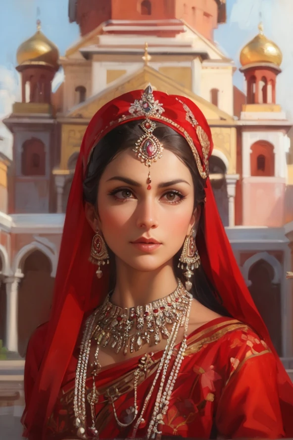 在历史悠久的克里姆林宫庭院中创作一幅优雅的俄罗斯印度教妇女的肖像, 穿着优雅的纱丽和红色额饰. 凸显印度传统服饰与俄罗斯标志性建筑之间的对比.